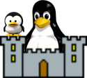 A tux (Linux-penguin) sitting in a castle